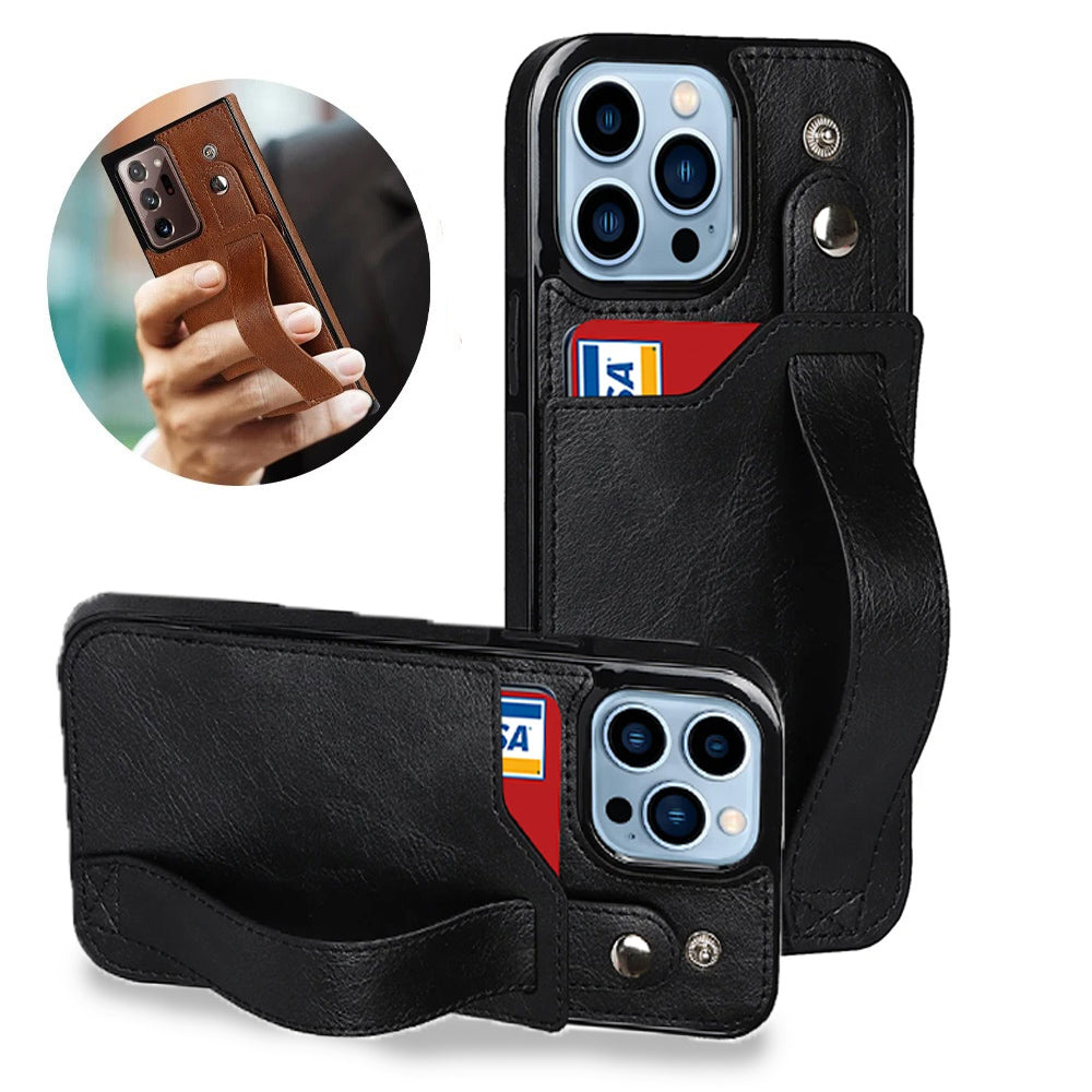 [FREE SHIPPING] BUSINESS CARD SLOT ADJUSTABLE WRIST STRAP CREDIT CARD SLOT SLIM SHOCKPROOF LEATHER CASE FOR IPHONE 13 PRO MAX