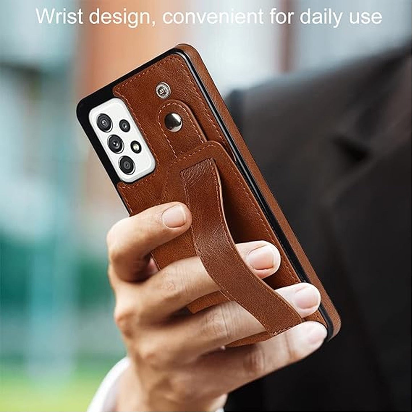 [FREE SHIPPING] BUSINESS CARD SLOT ADJUSTABLE WRIST STRAP CREDIT CARD SLOT SLIM SHOCKPROOF LEATHER CASE FOR SAMSUNG A52