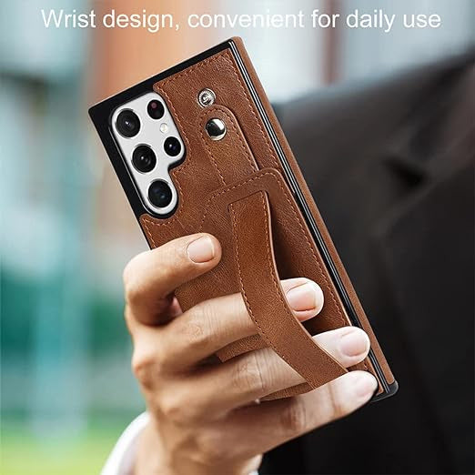 [FREE SHIPPING] BUSINESS CARD SLOT ADJUSTABLE WRIST STRAP CREDIT CARD SLOT SLIM SHOCKPROOF LEATHER CASE FOR SAMSUNG S23 ULTRA