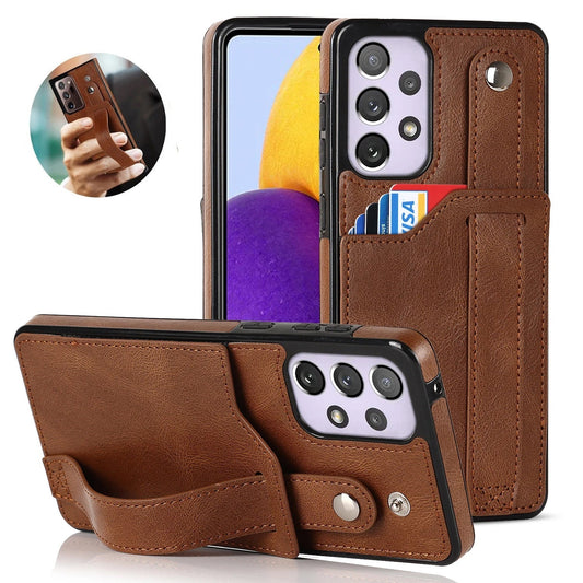[FREE SHIPPING] BUSINESS CARD SLOT ADJUSTABLE WRIST STRAP CREDIT CARD SLOT SLIM SHOCKPROOF LEATHER CASE FOR SAMSUNG A52