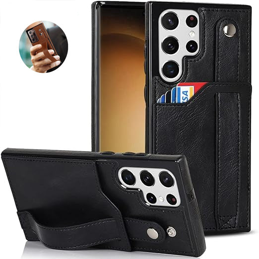 [FREE SHIPPING] BUSINESS CARD SLOT ADJUSTABLE WRIST STRAP CREDIT CARD SLOT SLIM SHOCKPROOF LEATHER CASE FOR SAMSUNG S23 ULTRA