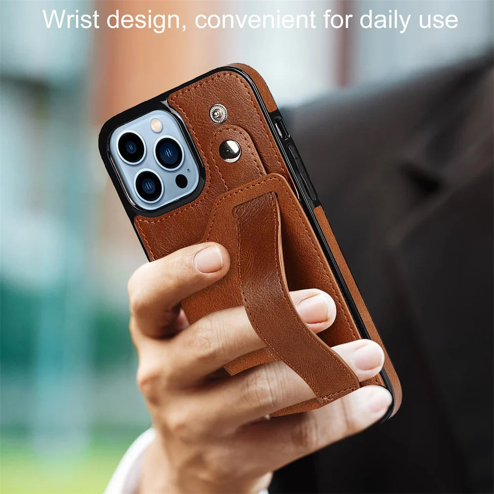 [FREE SHIPPING] BUSINESS CARD SLOT ADJUSTABLE WRIST STRAP CREDIT CARD SLOT SLIM SHOCKPROOF LEATHER CASE FOR IPHONE 16 PRO MAX
