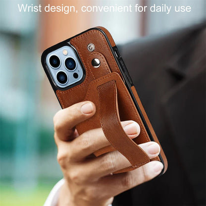 [FREE SHIPPING] BUSINESS CARD SLOT ADJUSTABLE WRIST STRAP CREDIT CARD SLOT SLIM SHOCKPROOF LEATHER CASE FOR IPHONE 16 PRO MAX
