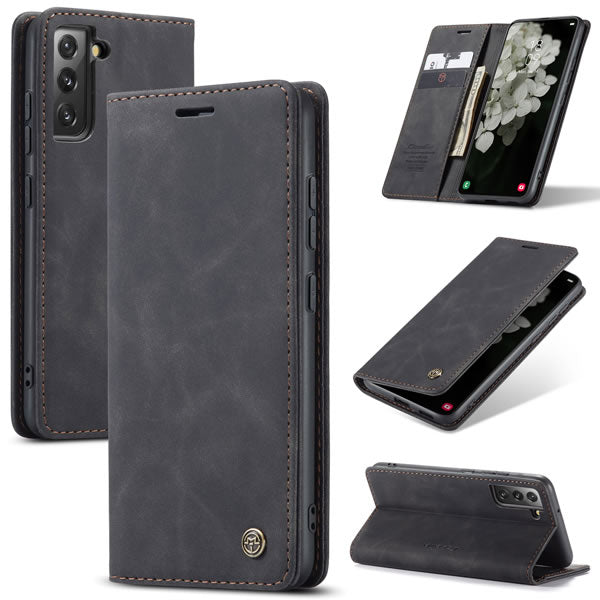 [FREE SHIPPING] CaseMe Retro Leather Case For Samsung S22 Book Style Flip Wallet Magnetic Cover Card Slots Case For Samsung S22 - Brown