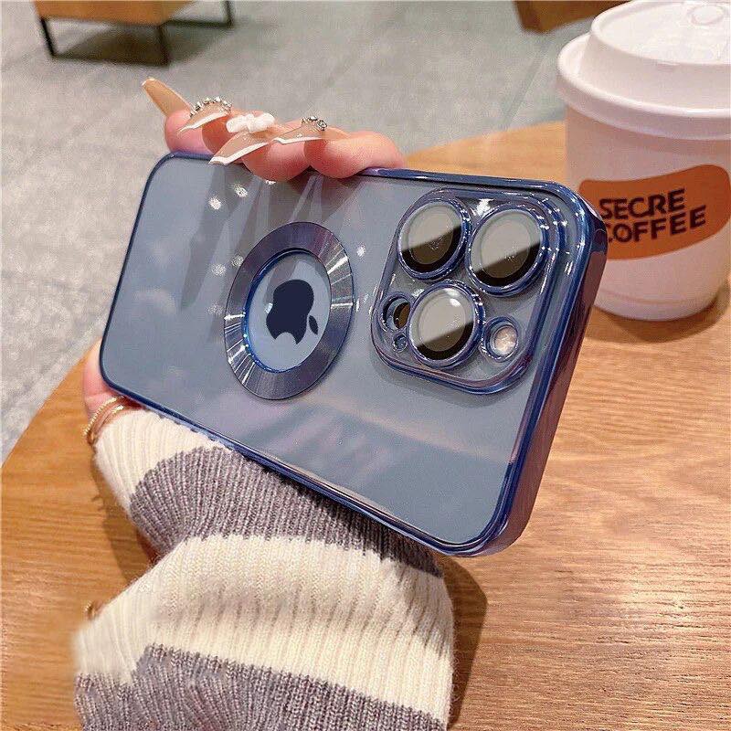 [ FREE SHIPPING] Luxury Logo Hole Soft Silicone Transparent Case Lens Protection Plating Cover for iPhone 13 Pro
