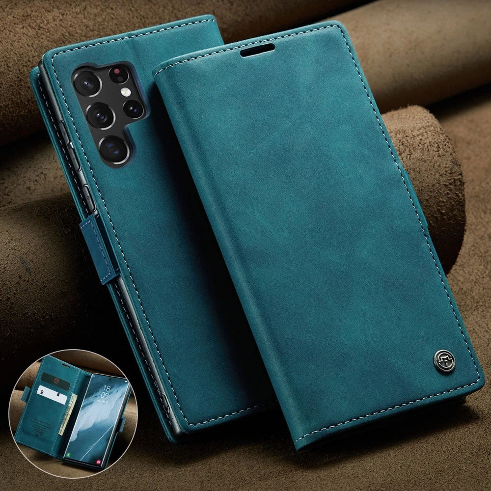[FREE SHIPPING] CaseMe Retro Leather Case For Samsung S24 Ultra Book Style Flip Wallet Magnetic Cover Card Slots Case For Samsung S24 Ultra