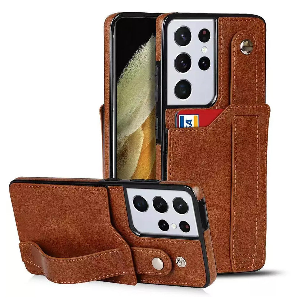 [FREE SHIPPING] BUSINESS CARD SLOT ADJUSTABLE WRIST STRAP CREDIT CARD SLOT SLIM SHOCKPROOF LEATHER CASE FOR SAMSUNG GALAXY S25 ULTRA