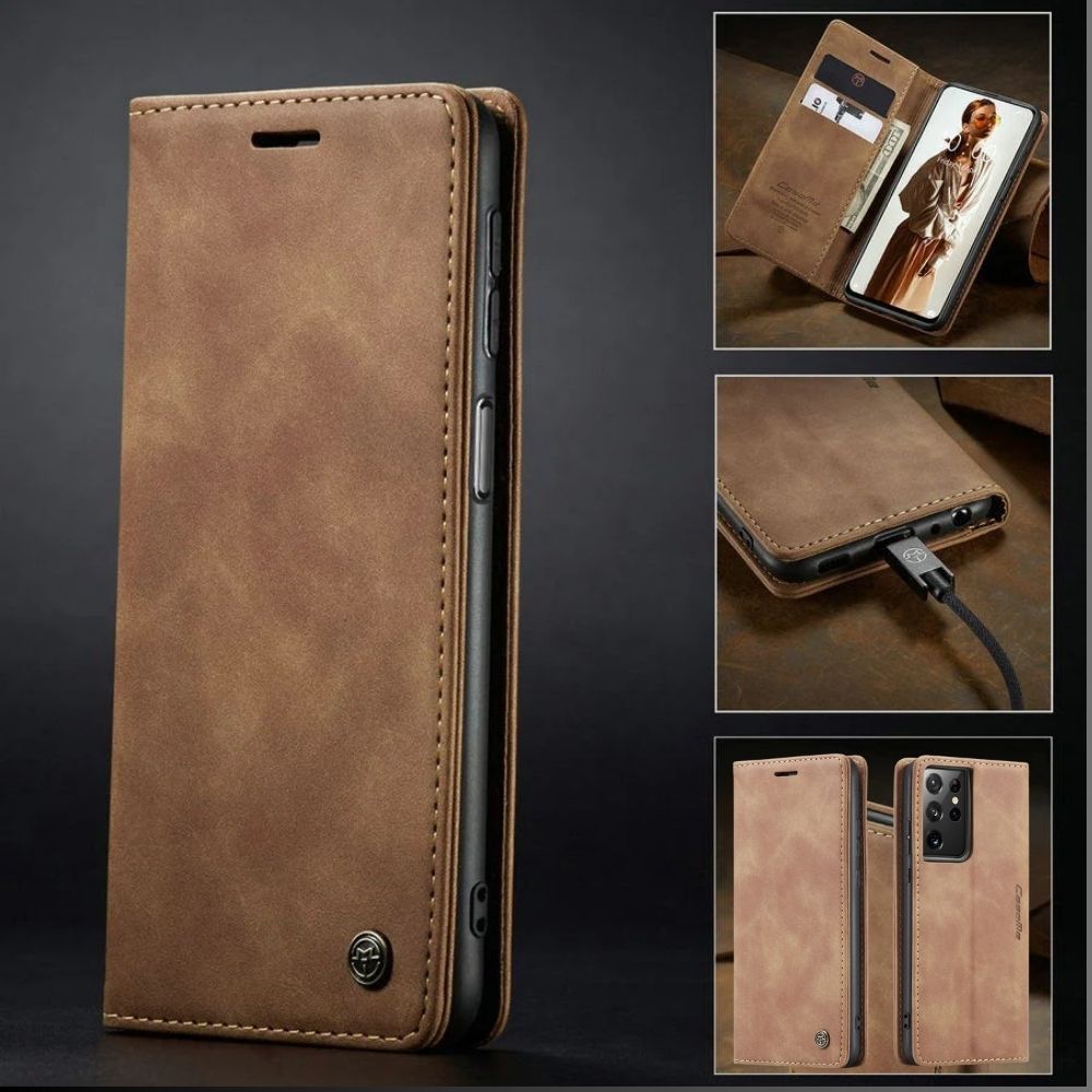 [FREE SHIPPING] CaseMe Retro Leather Case For Samsung S21 Ultra Book Style Flip Wallet Magnetic Cover Card Slots Case For Samsung S21 Ultra